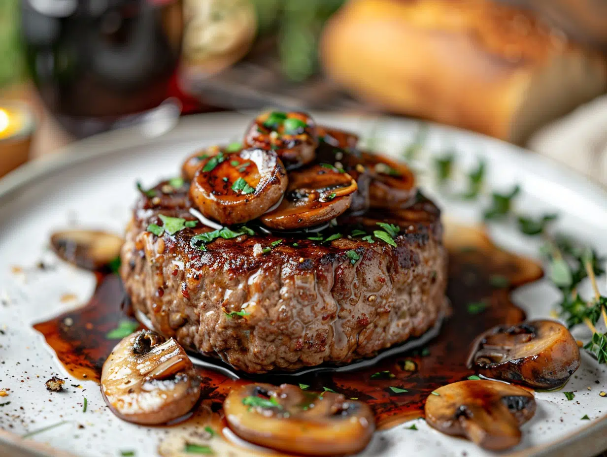 Merveilles culinaires : steak haché aux champignons et vin rouge